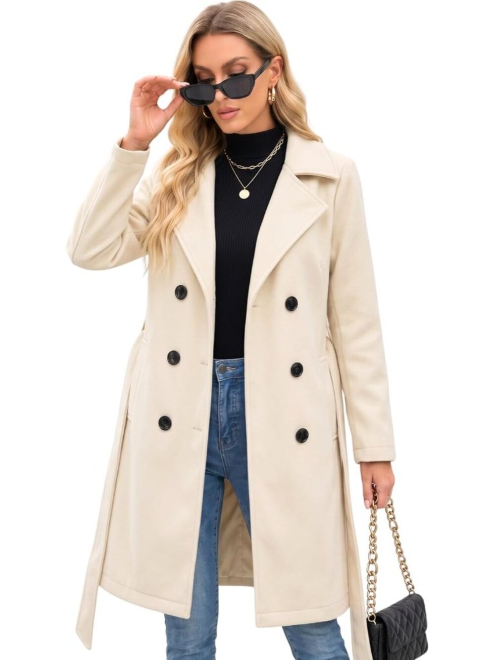 Women's Cream Double-Breasted Long Winter Faux Wool Comfortable Trench Coat